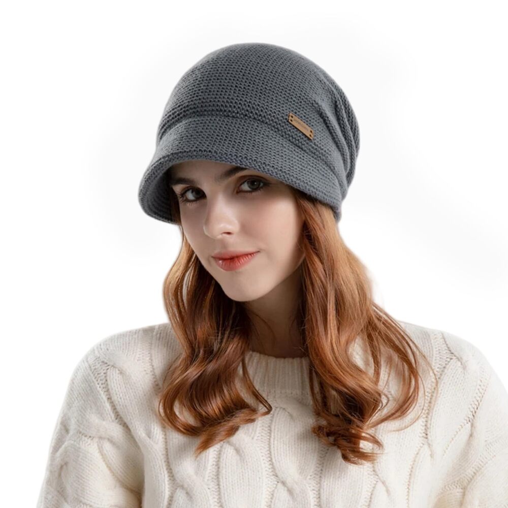 7856 Winter Fleece Lined Knitted Hat with Visor Brim Slouchy Cable Knit